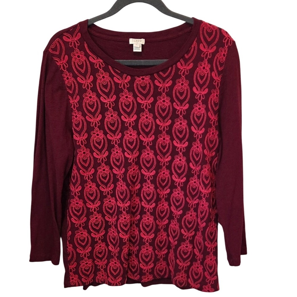 J. Crew XL 100‎ % Cotton  Burgundy Red Embroidered Long Sleeve Boho Top